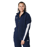Speedo Women's Edge Warm Up Jacket - A navy blue jacket with a white logo on the left chest and two zippered pockets on either side.