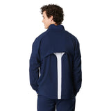 Speedo Men's Edge Warm Up Jacket - A navy blue jacket with a white logo on the left chest and two zippered pockets at the waist.