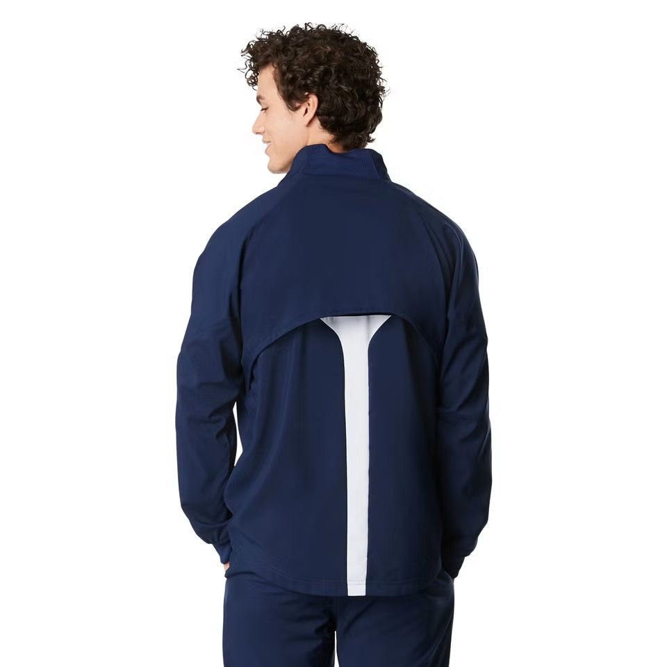 Speedo Men's Edge Warm Up Jacket - A navy blue jacket with a white logo on the left chest and two zippered pockets at the waist.