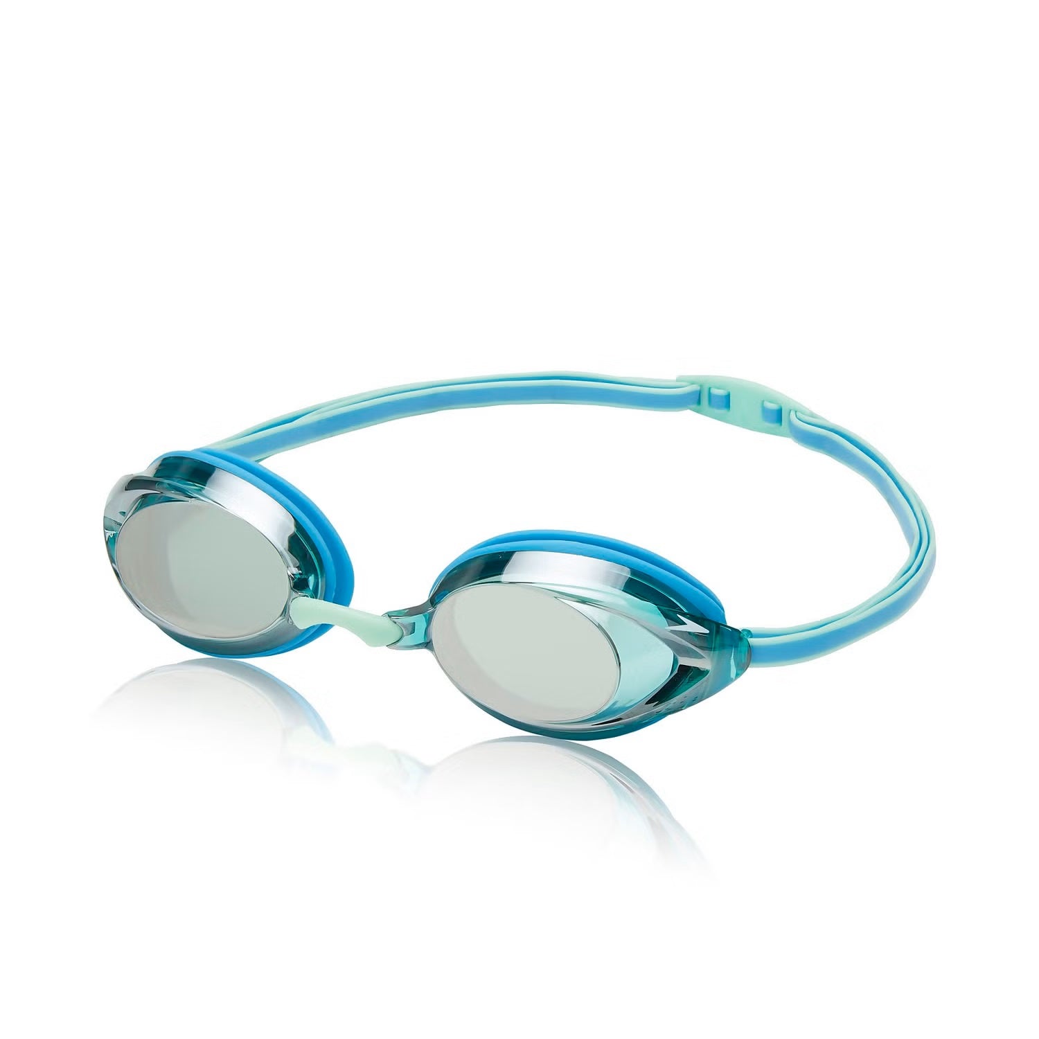 Speedo Women's Vanquisher 2.0 Mirrored Swim Goggle - A pair of mirrored swim goggles with a sleek, modern design and a strap that wraps around the head.