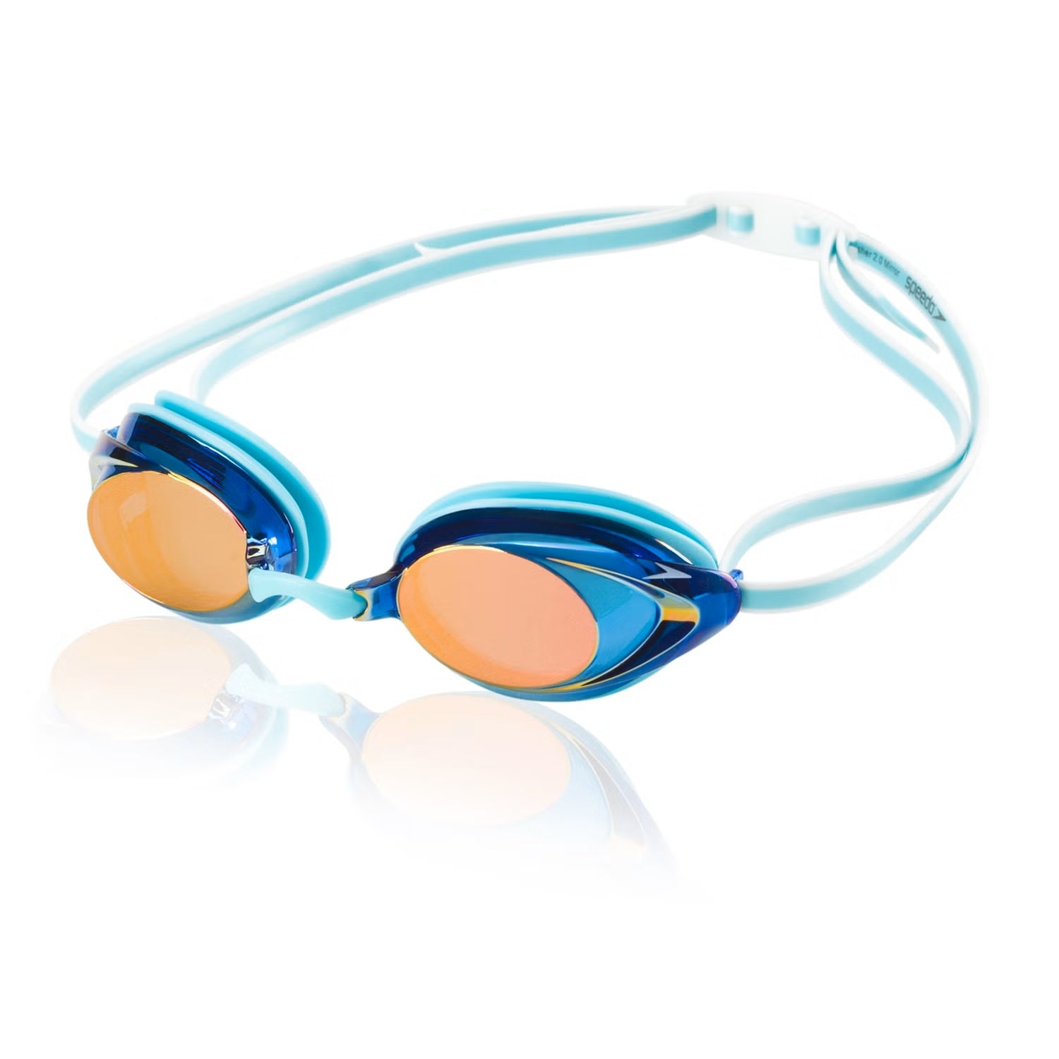 Speedo Women's Vanquisher 2.0 Mirrored Swim Goggle - A pair of mirrored swim goggles with a blue frame and orange lenses.