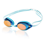 Speedo Women's Vanquisher 2.0 Mirrored Swim Goggle - A pair of mirrored swim goggles with a blue frame and orange lenses.