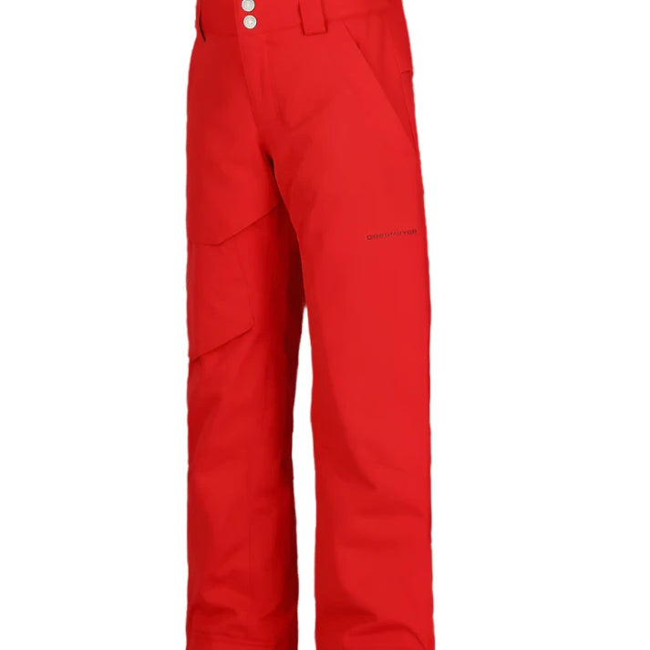 Obermeyer Juniors BRISK Insulated PANT 2022 - A pair of red snow pants with two white snap buttons at the waistband.