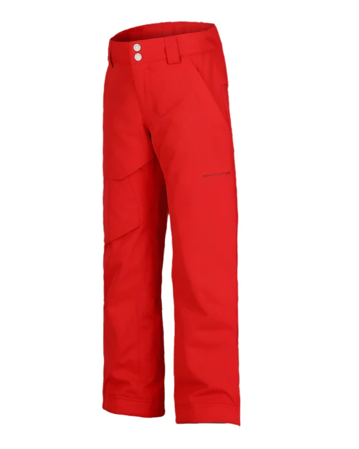 Obermeyer Juniors BRISK Insulated PANT 2022 - A pair of red snow pants with two white snap buttons at the waistband.