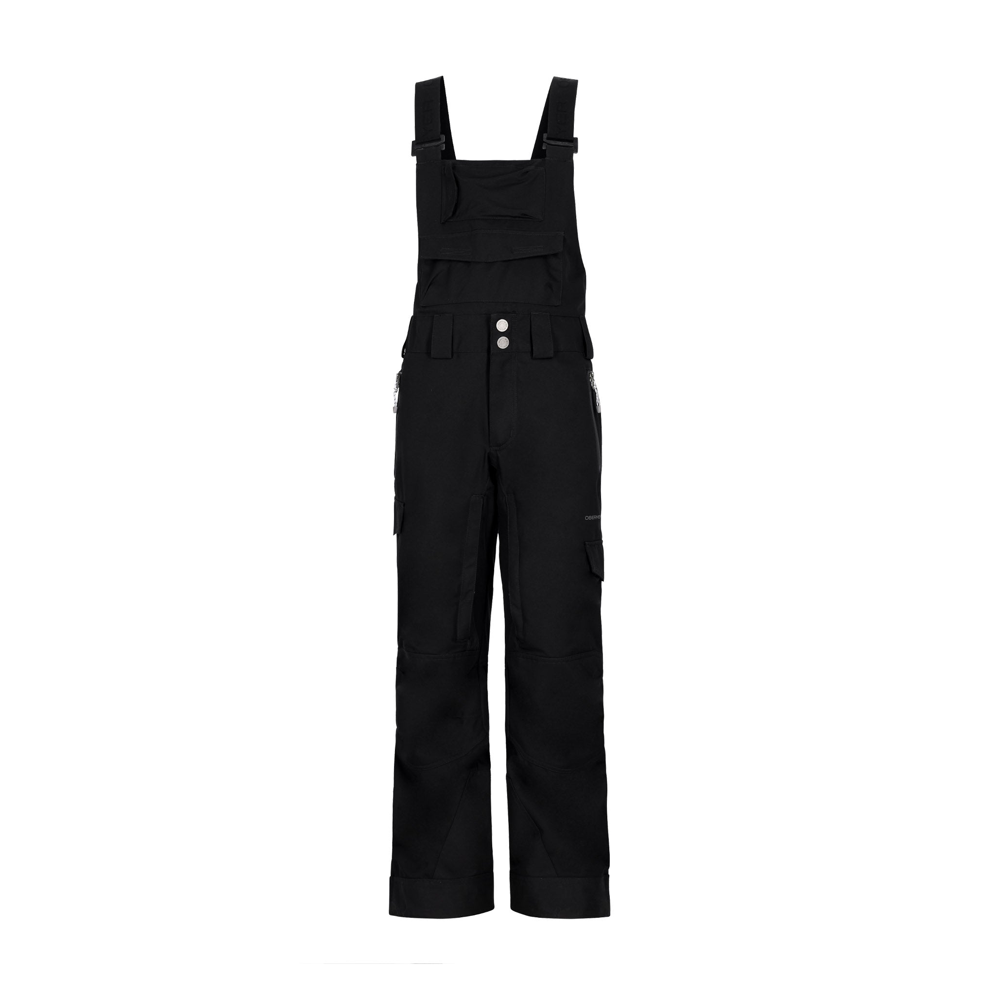 Obermeyer Junior's Carver Bib Pant 2025 - Black bib pants with adjustable straps and white logo on left leg.