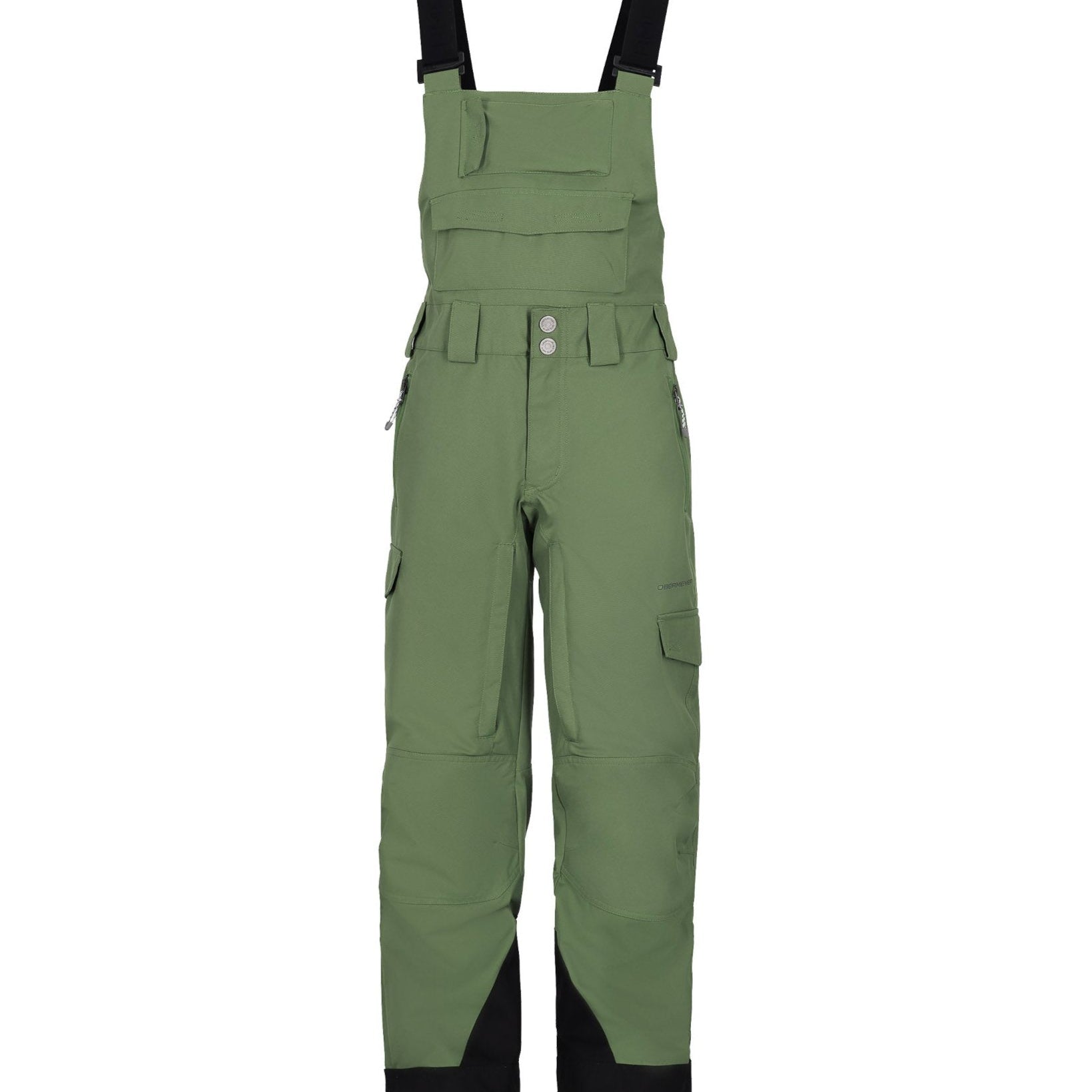 Obermeyer Junior's Carver Bib Pant 2025 - Olive green bib pants with adjustable straps and multiple pockets.