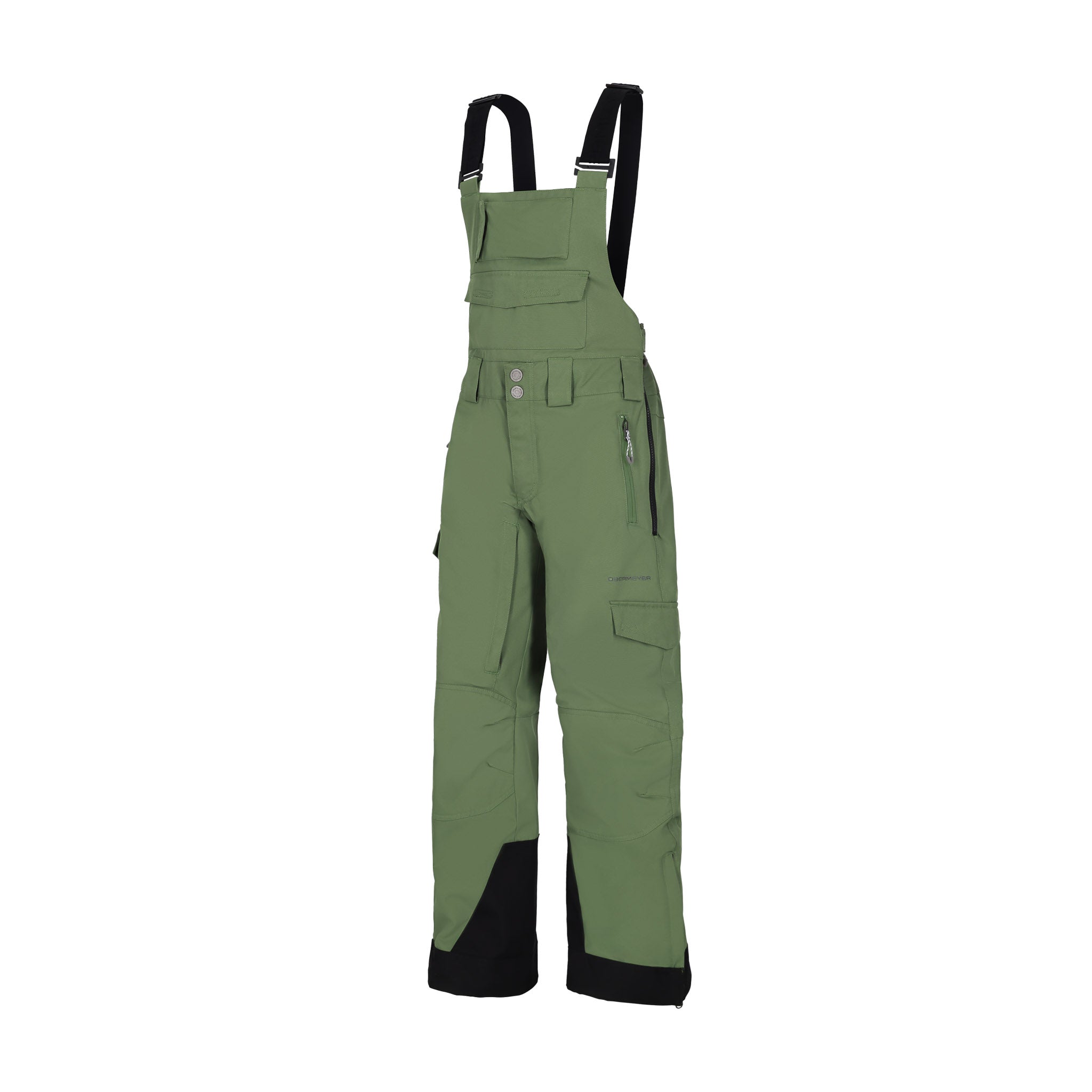 Obermeyer Junior's Carver Bib Pant 2025 - Olive green bib pants with a black stripe on the side of each leg.