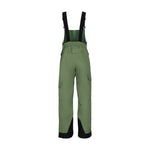 Obermeyer Junior's Carver Bib Pant 2025 - A pair of olive green snow pants with a black logo on the left leg and adjustable straps at the waist.