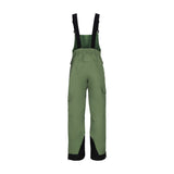 Obermeyer Junior's Carver Bib Pant 2025 - A pair of olive green snow pants with a black logo on the left leg and adjustable straps at the waist.