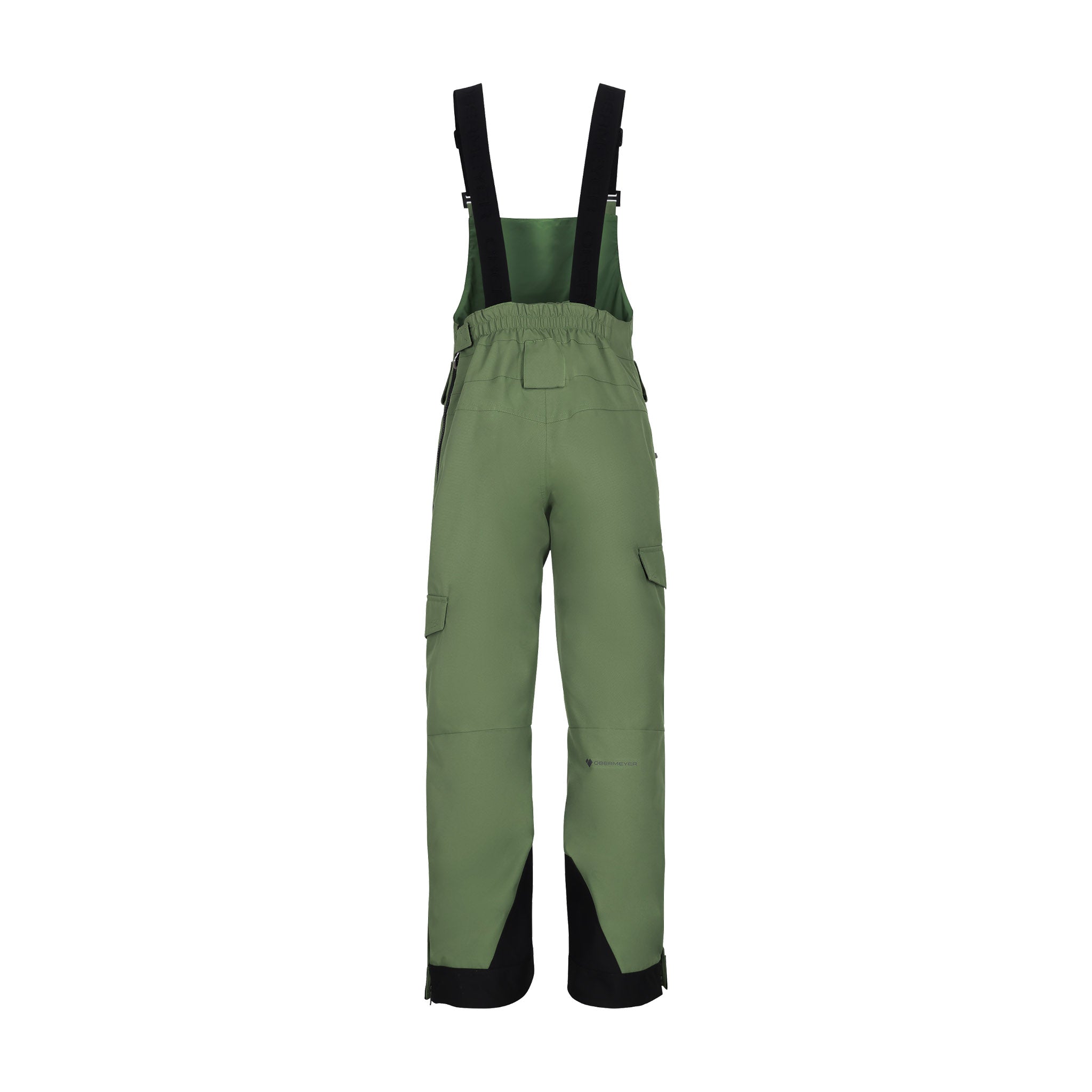 Obermeyer Junior's Carver Bib Pant 2025 - A pair of olive green snow pants with a black logo on the left leg and adjustable straps at the waist.