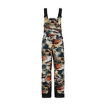 Obermeyer Junior's Carver Bib Pant 2025 - A pair of bib snow pants with a brown and black camouflage pattern, featuring a white background and dark blue accents.