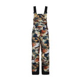 Obermeyer Junior's Carver Bib Pant 2025 - A pair of bib snow pants with a brown and black camouflage pattern, featuring a white background and dark blue accents.