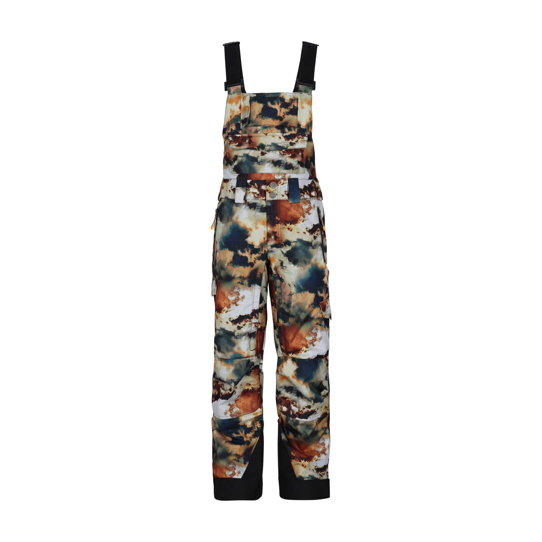 Obermeyer Junior's Carver Bib Pant 2025 - A pair of bib snow pants with a brown and black camouflage pattern, featuring a white background and dark blue accents.