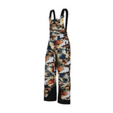 Obermeyer Junior's Carver Bib Pant 2025 - A pair of snow pants with a brown and black camouflage pattern, featuring a white background with orange accents.