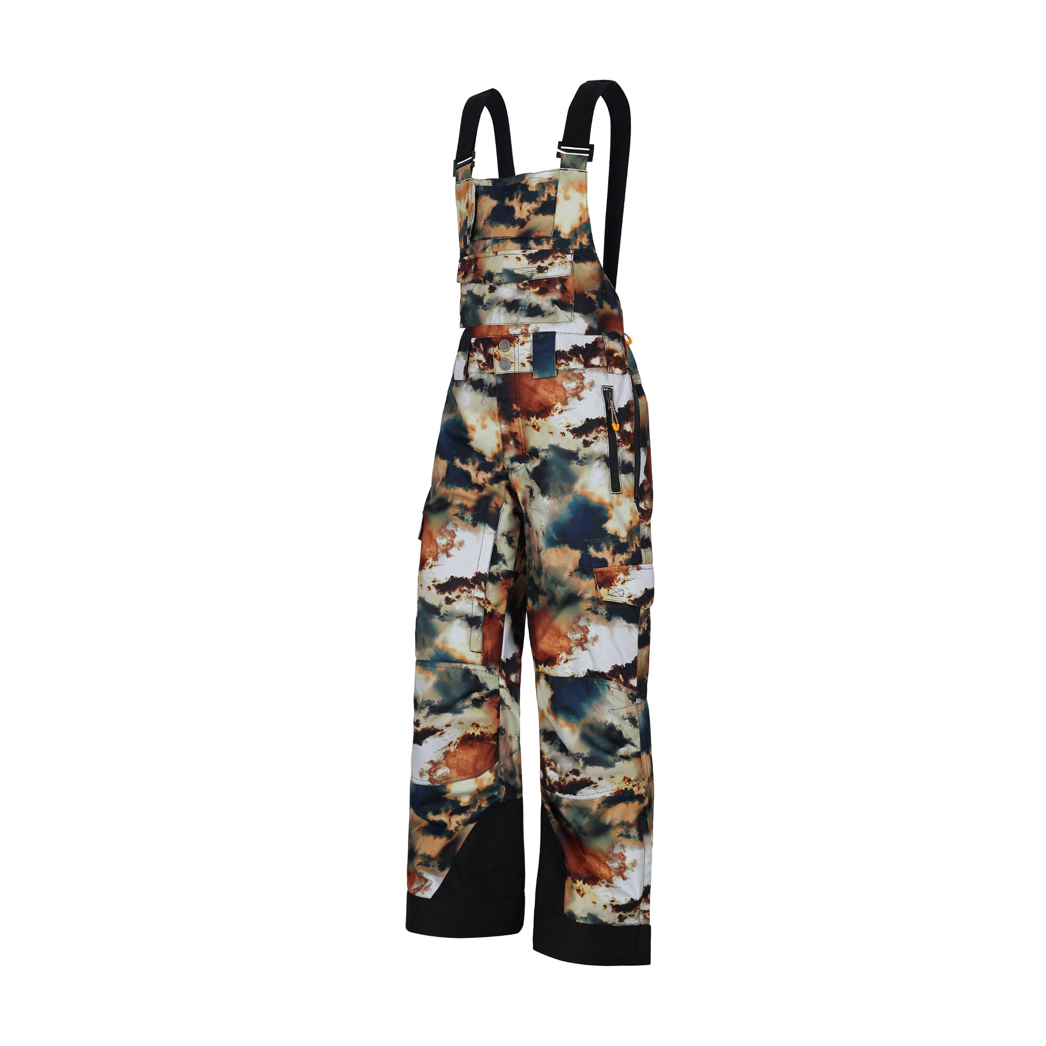 Obermeyer Junior's Carver Bib Pant 2025 - A pair of snow pants with a brown and black camouflage pattern, featuring a white background with orange accents.