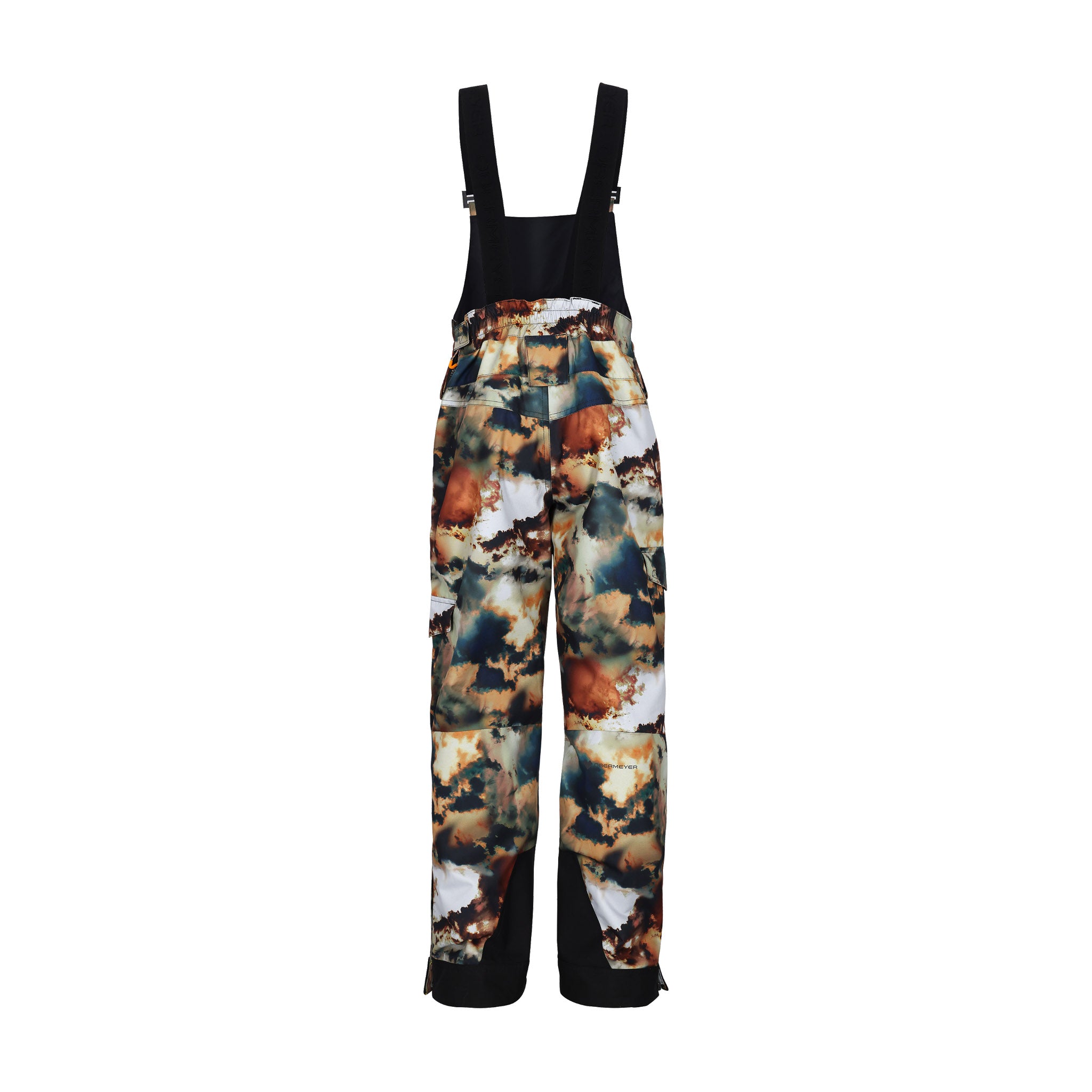 Obermeyer Junior's Carver Bib Pant 2025 - A pair of snow pants with a brown and black camouflage pattern, featuring a bib design with suspenders.