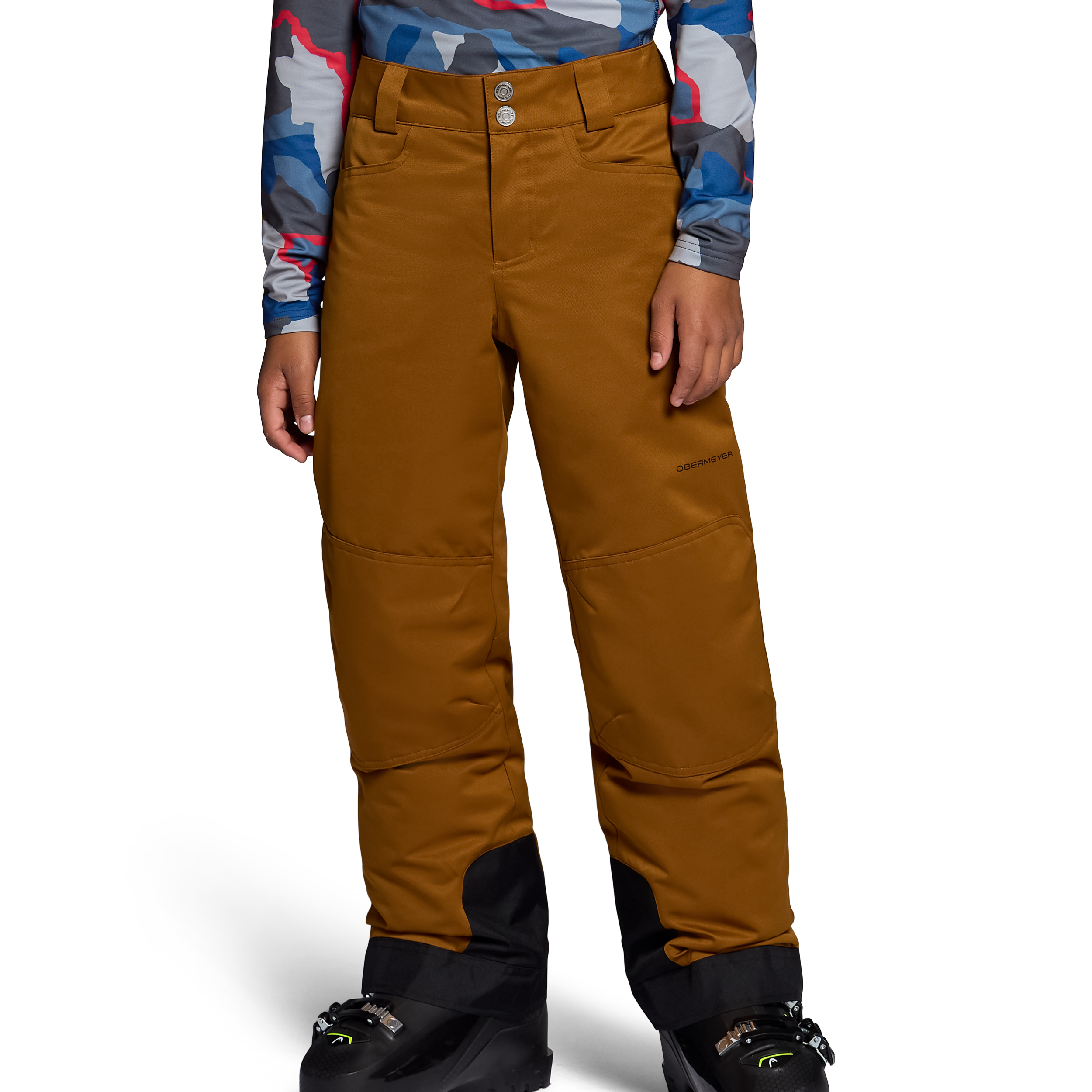 Boys' insulated ski pants in walnut brown with front button and zip, cargo pockets