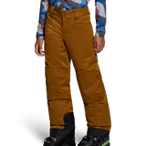 Boys' walnut brown insulated snow pants with belt loops and black boot cuffs