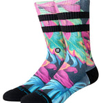 Stance Gloww Poly Crew Socks 2025 - A pair of crew socks in a vibrant, neon-colored design with a repeating pattern of abstract shapes and lines.