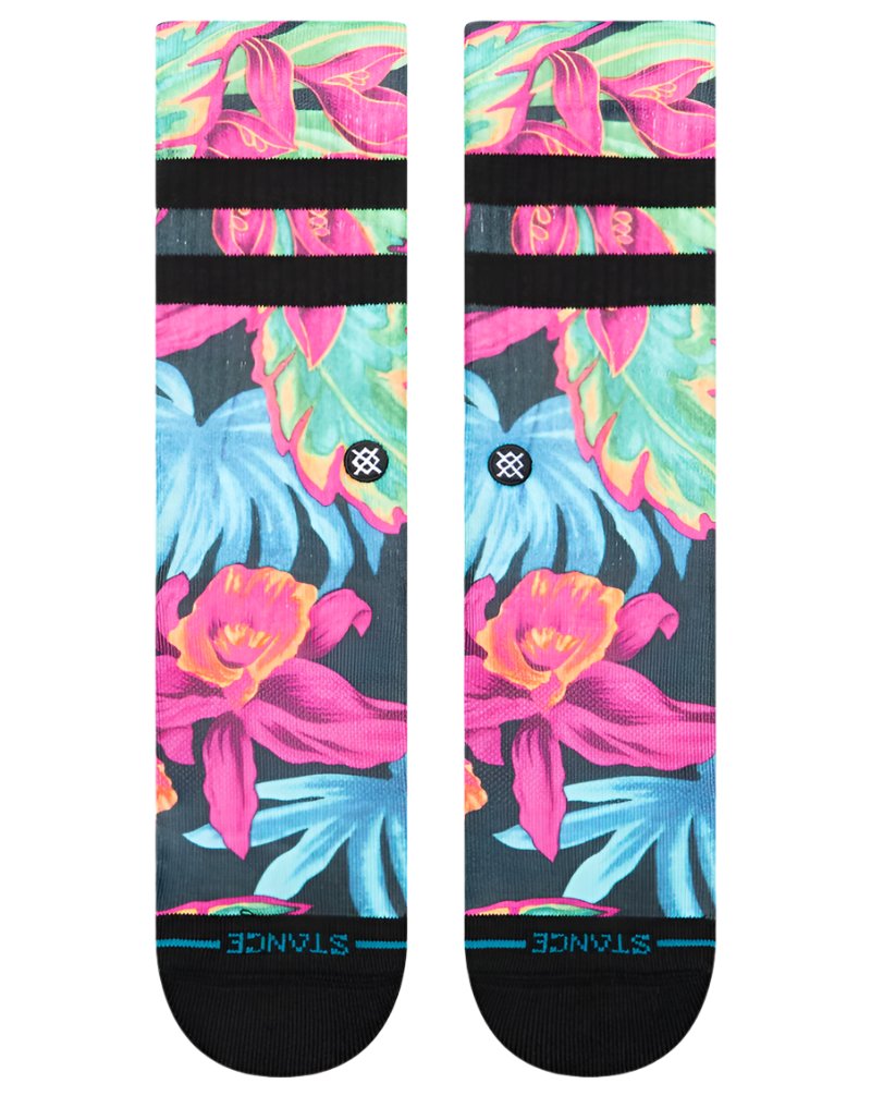Stance Gloww Poly Crew Socks 2025 - A pair of crew socks with a vibrant, neon-colored floral pattern on a light blue background.