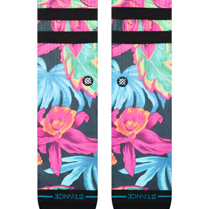 Stance Gloww Poly Crew Socks 2025 - A pair of crew socks with a vibrant, neon-colored floral pattern on a light blue background.