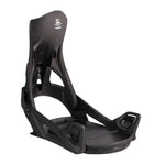 Flux DS Step On Snowboard Binding - A black snowboard binding with a white logo on top and a strap that attaches to the boot.