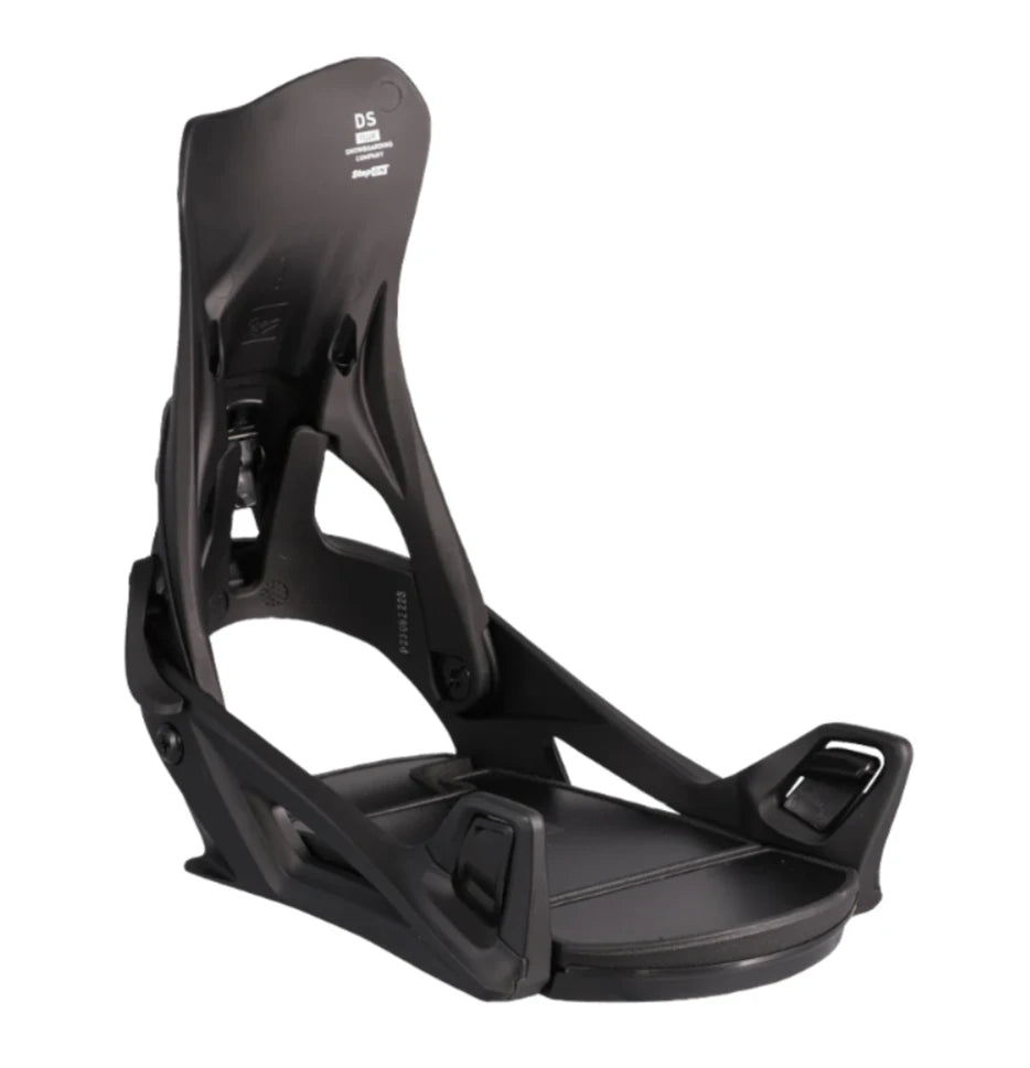 Flux Women's DS Step On Snowboard Binding - A black snowboard binding with a white logo on top and a strap that goes over the foot.