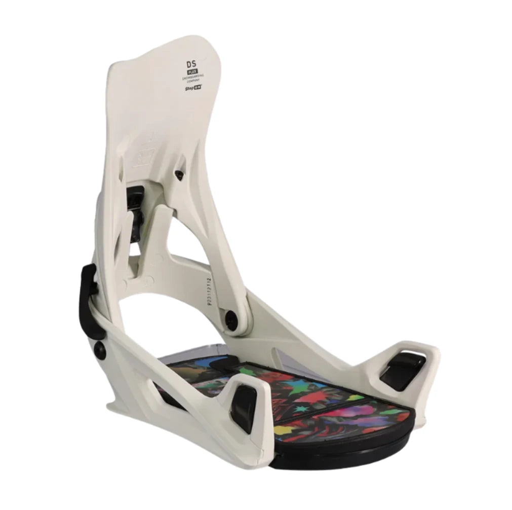 Flux DS Step On Snowboard Binding - A white snowboard binding with a black base and colorful, abstract pattern on top.
