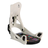 Flux Women's DS Step On Snowboard Binding - A white snowboard binding with a black baseplate and a colorful, abstract design on top.