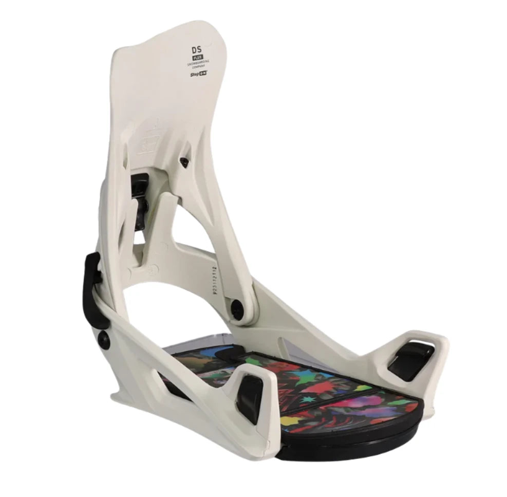 Flux Women's DS Step On Snowboard Binding - A white snowboard binding with a black baseplate and a colorful, abstract design on top.