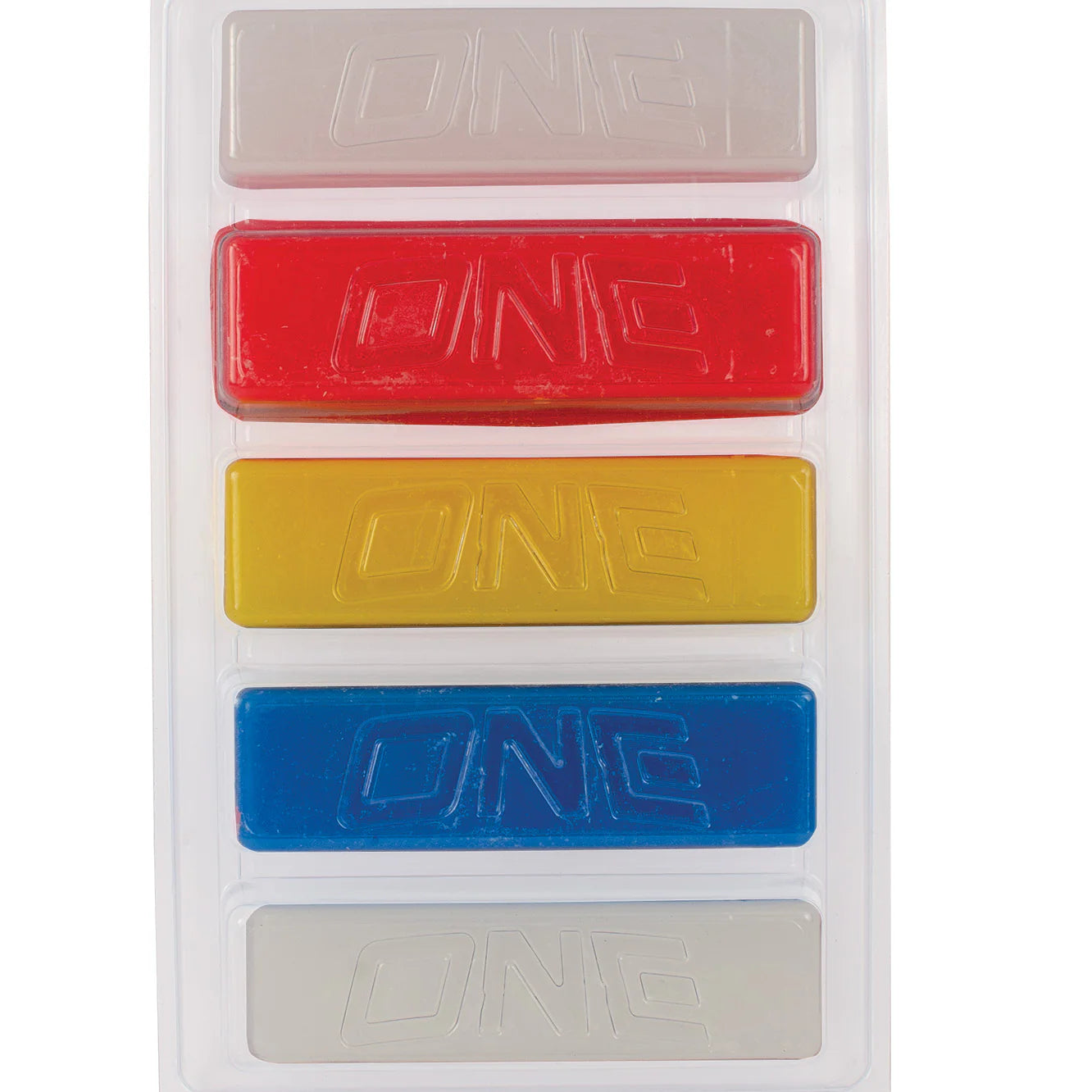 Oneball 4WD 5 Pack Wax 2025 - A set of five rectangular wax bars in different colors, including red, yellow, blue, and gray.