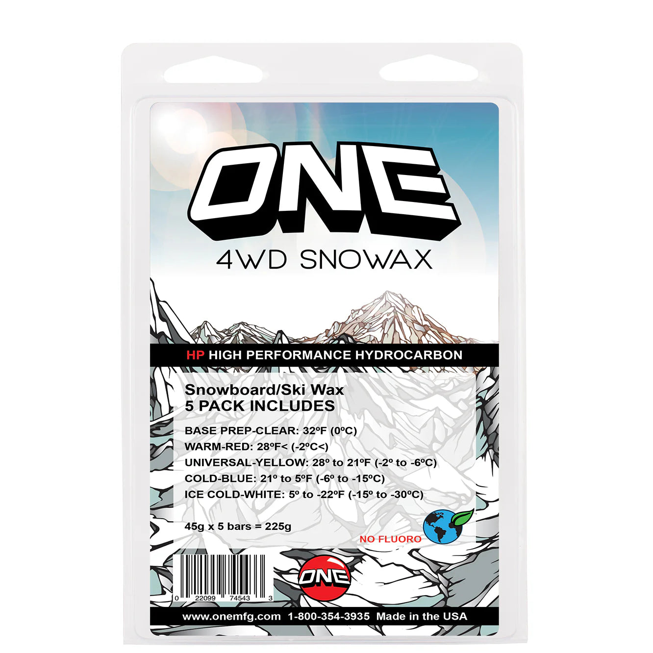 Oneball 4WD 5 Pack Wax 2025 - A white and blue wax block with a red logo on top, featuring a mountain range design.