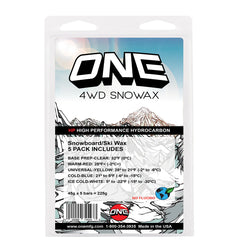 Oneball 4WD 5 Pack Wax 2025 - A white and blue wax block with a red logo on top, featuring a mountain range design.