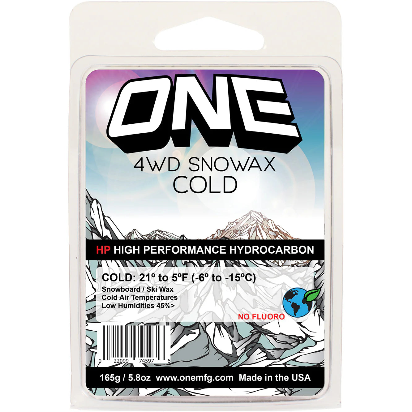 Oneball 4WD Cold Wax 21F to 5F - 2025 snowboard wax in a clear plastic container with a white lid and blue label.
