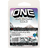 Oneball 4WD Cold Wax 21F to 5F - 2025 snowboard wax in a clear plastic container with a white lid and blue label.