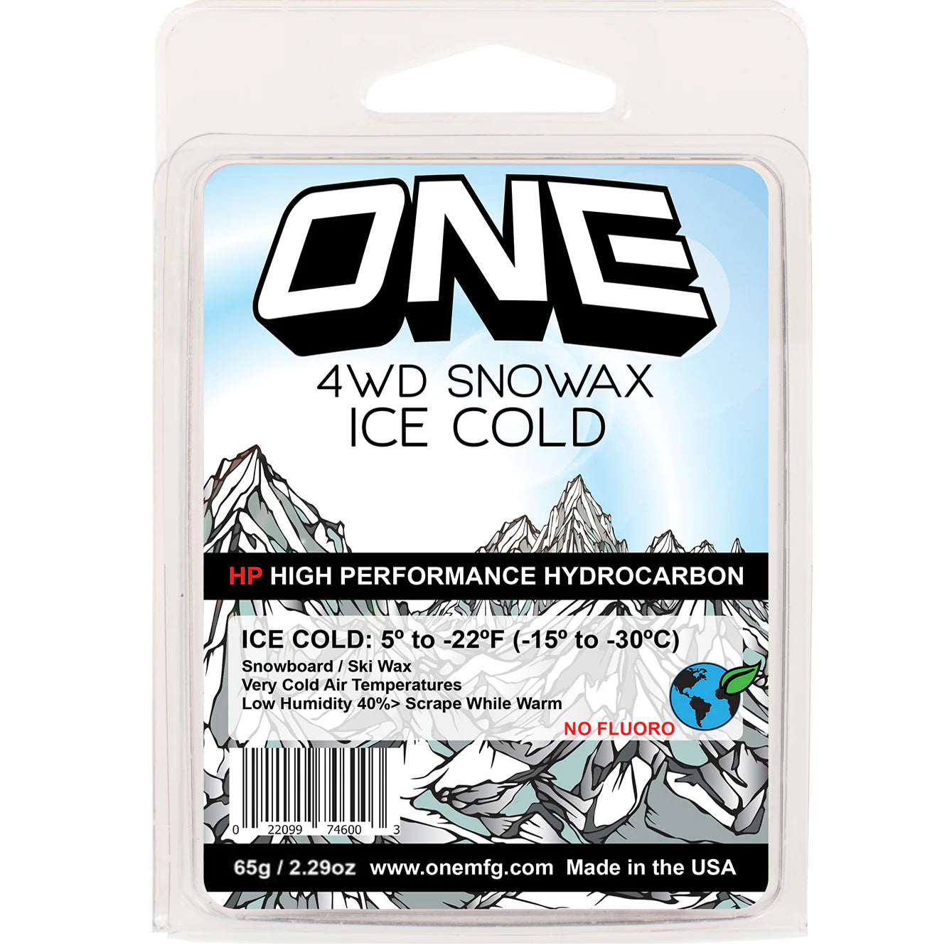 Oneball 4WD Ice Wax 5F to -22F 2025 - A white container with a blue label and black text, featuring an illustration of a snowboarder in action.