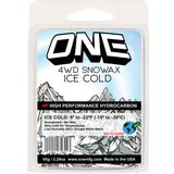 Oneball 4WD Ice Wax 5F to -22F 2025 - A white container with a blue label and black text, featuring an illustration of a snowboarder in action.