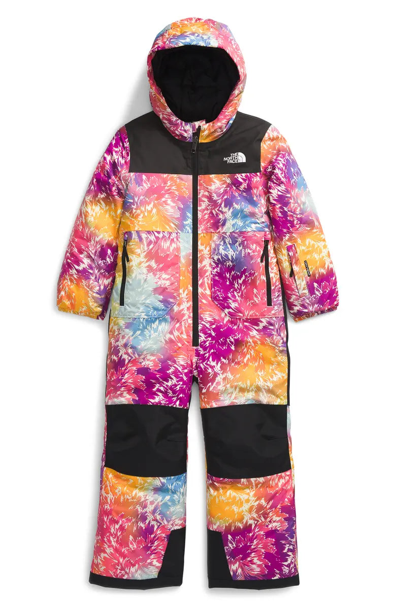 North Face Junior's Freedom Insulated Snow Suit 2025 - A multicolored snowsuit with a tie-dye pattern, featuring shades of pink, blue, yellow, and orange.