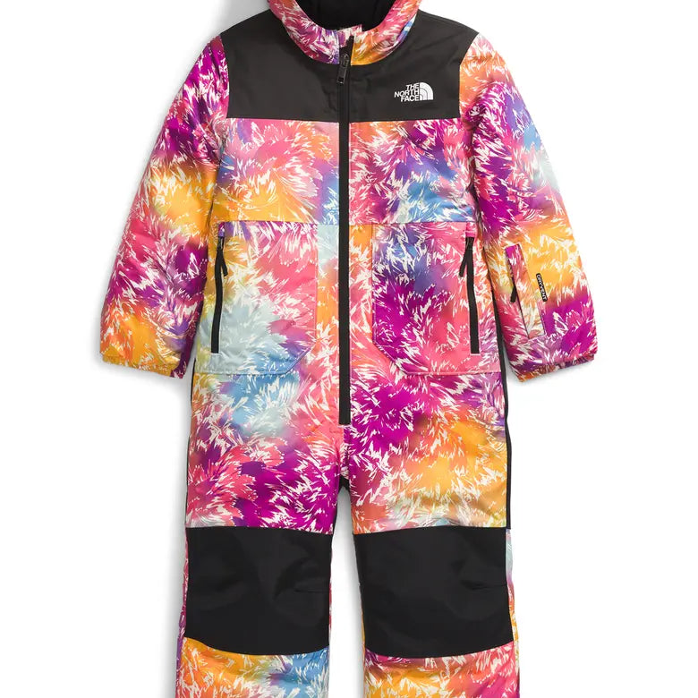 North Face Junior's Freedom Insulated Snow Suit 2025 - A multicolored snowsuit with a tie-dye pattern, featuring shades of pink, blue, yellow, and orange.