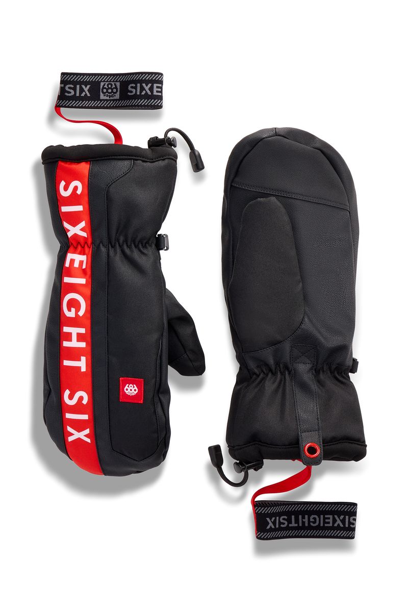 Merino ski mittens in black with red logo accents, pull-on wrist strap and cinch