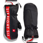 Merino ski mittens in black with red logo accents, pull-on wrist strap and cinch