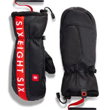 Merino ski mittens in black with red logo accents, pull-on wrist strap and cinch
