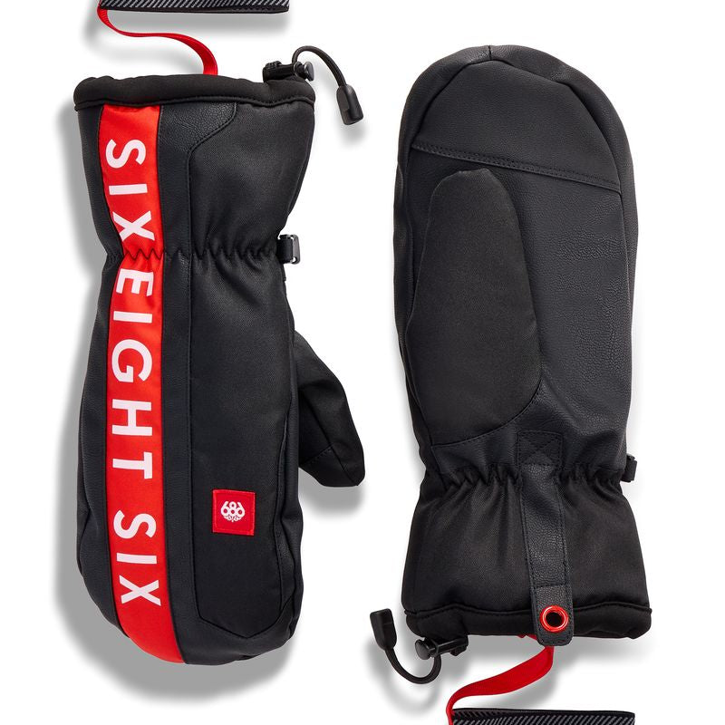 Merino ski mittens in black with red logo accents, pull-on wrist strap and cinch