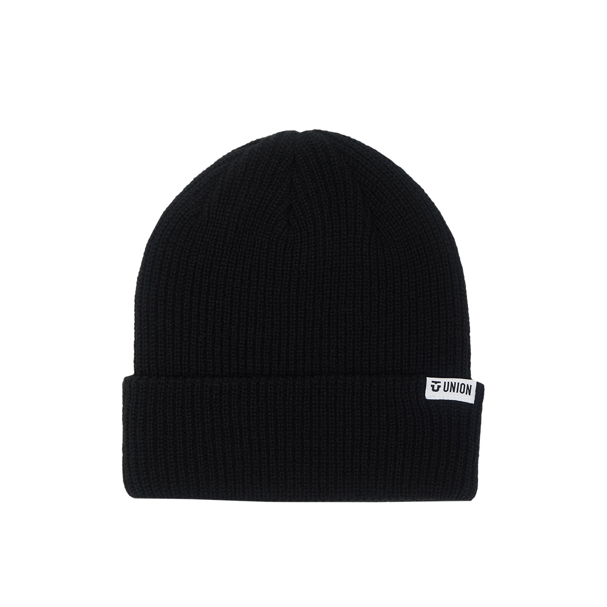 Union Low Cuff Beanie 2025 - A black beanie with a white label on the cuff featuring the word "UNION" in black letters.
