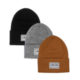 Union High Cuff Beanie 3 Pack - Three beanies in a row, from back to front: black with white logo, gray heather with black logo, and brown with black logo.