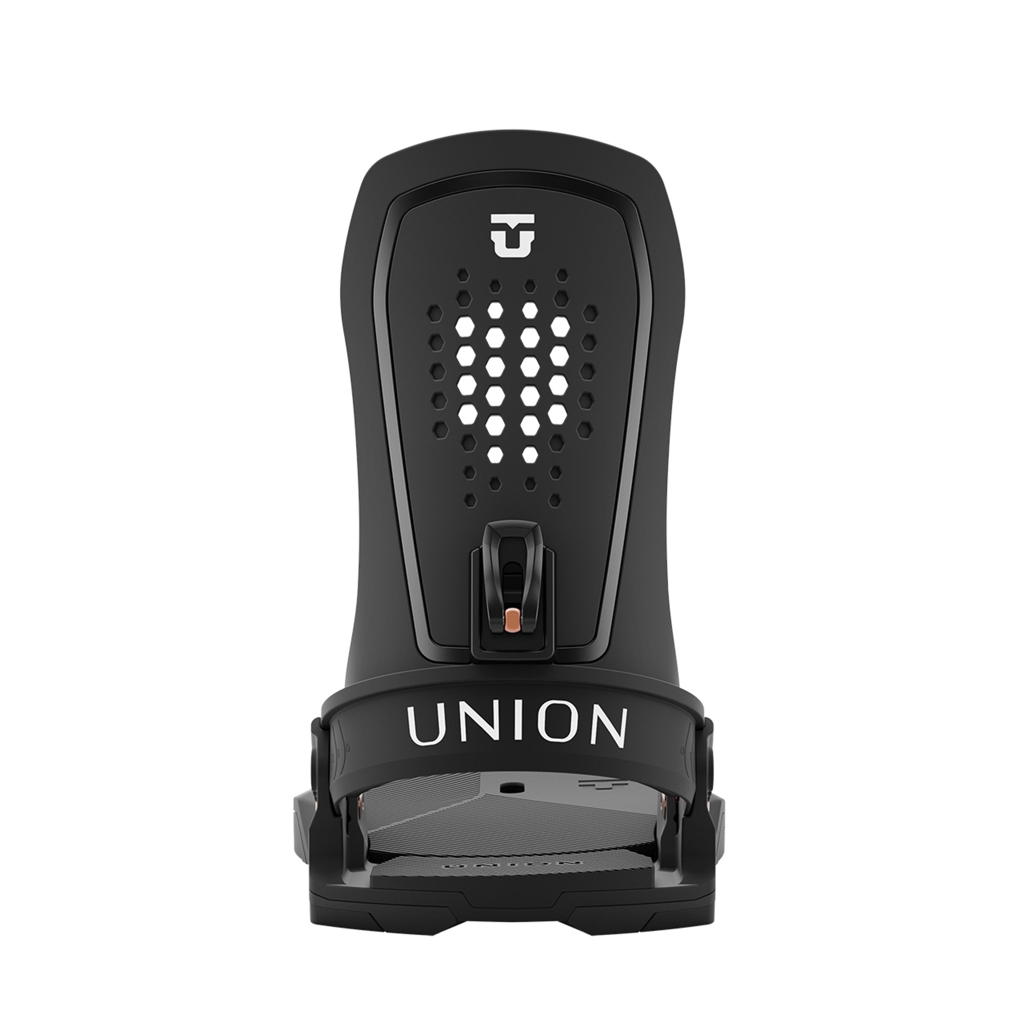 Union Women's Trilogy Snowboard Binding 2025 - A black snowboard binding with a white logo on top and a copper-colored metal piece in the middle.