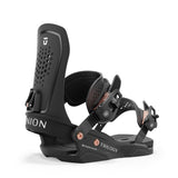 Union Women's Trilogy Snowboard Binding 2025 - A black snowboard binding with a white logo on top and rose gold screws.