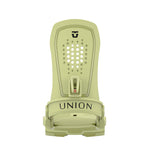 Union Women's Trilogy Snowboard Binding 2025 - A light green snowboard binding with a black logo at the top and a small red tab in the middle of the baseplate.
