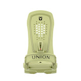 Union Women's Trilogy Snowboard Binding 2025 - A light green snowboard binding with a black logo at the top and a small red tab in the middle of the baseplate.
