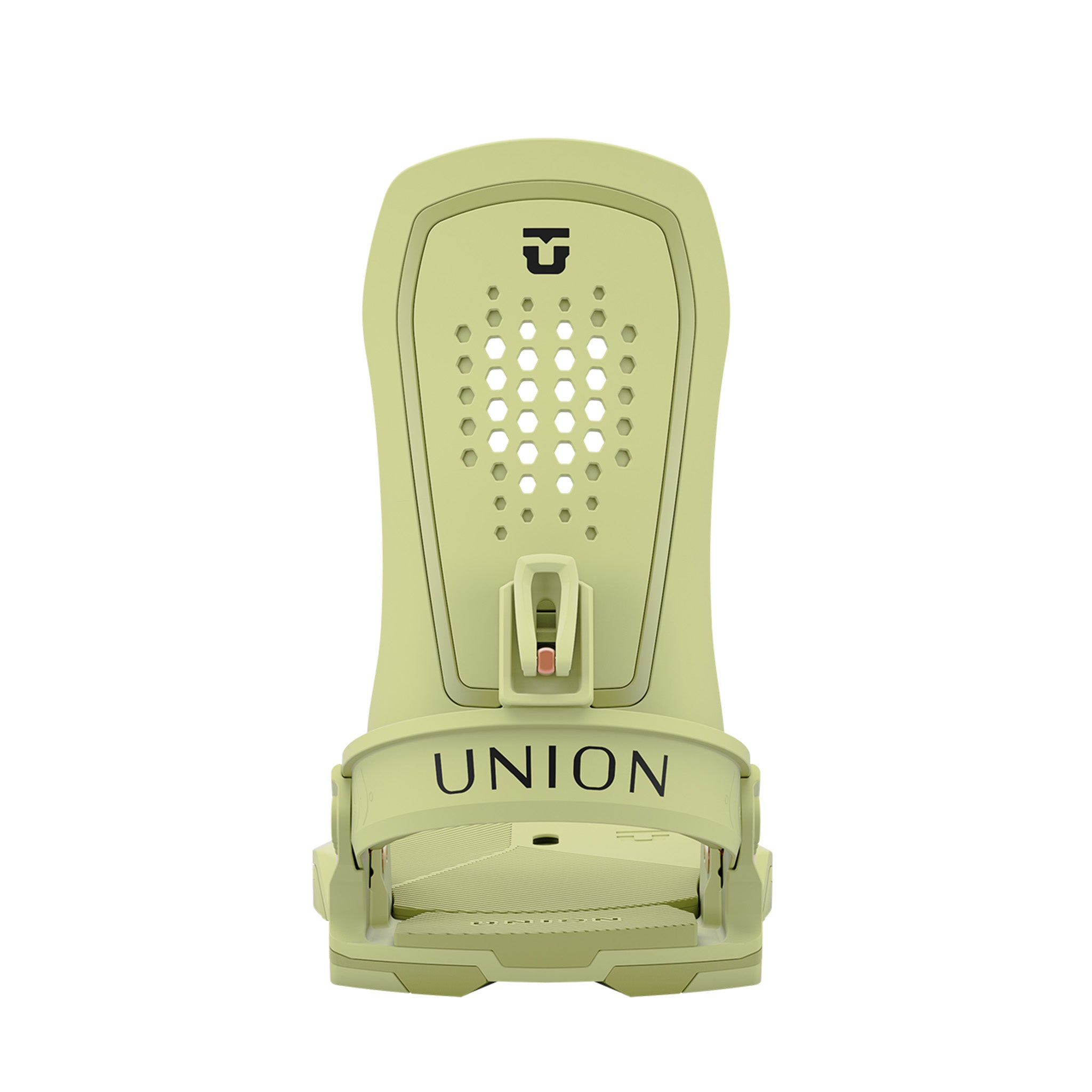 Union Women's Trilogy Snowboard Binding 2025 - A light green snowboard binding with a black logo at the top and a small red tab in the middle of the baseplate.